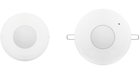wo SLIM LINE AC ceiling motion detectors by SATEL in white, compact round design"